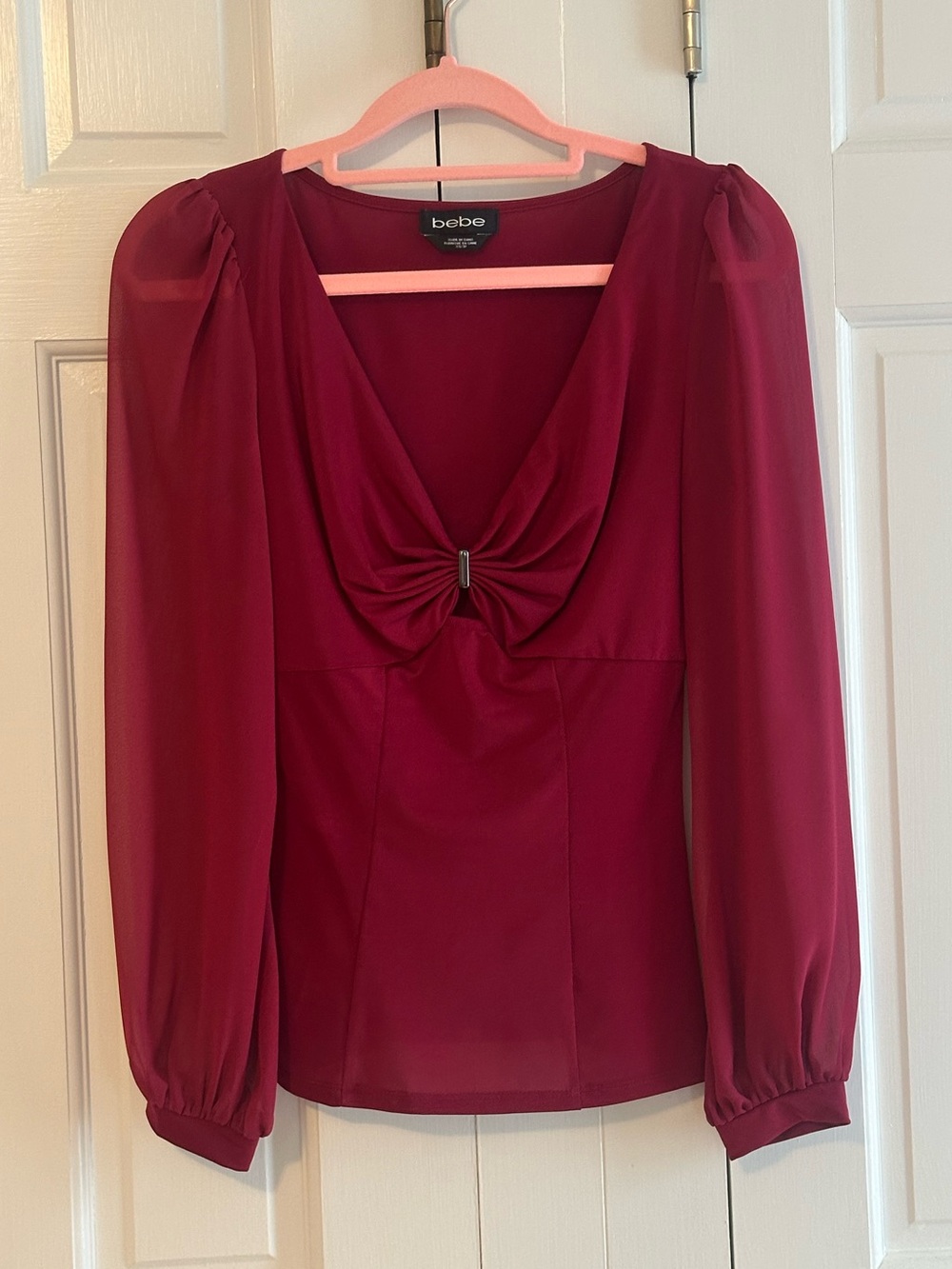 bebe Deep Wine Twist-Front Long Sleeve Blouse